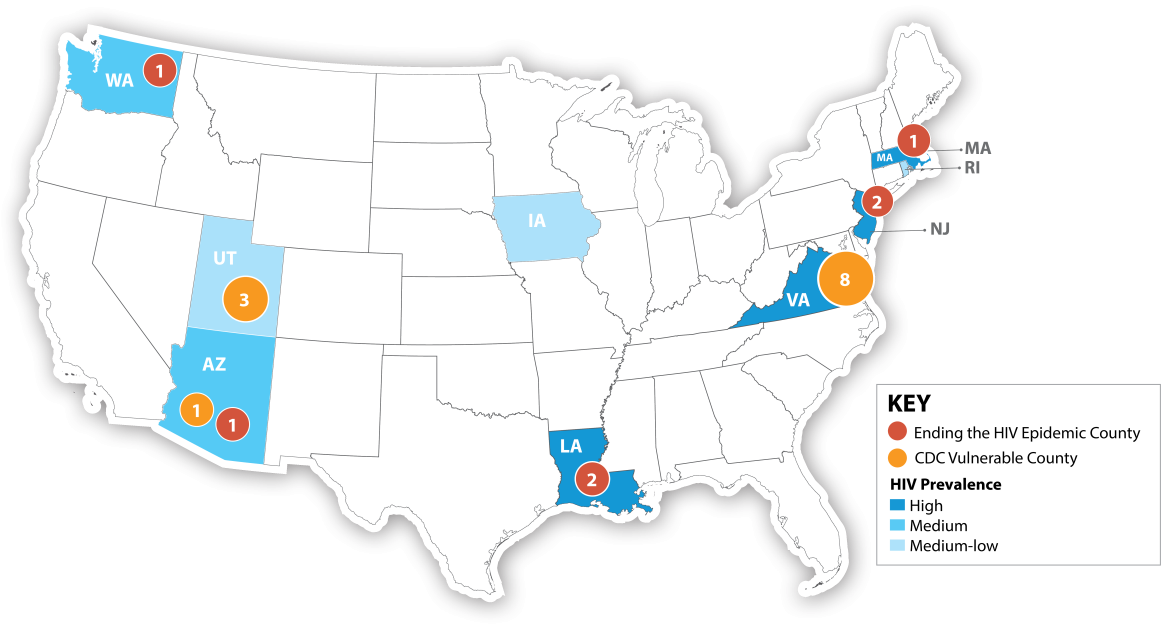 Map that shows state partners by number of HIV/HCV outbreak vulnerability counties and Ending the HIV Epidemic: A Plan for America priority jurisdictions